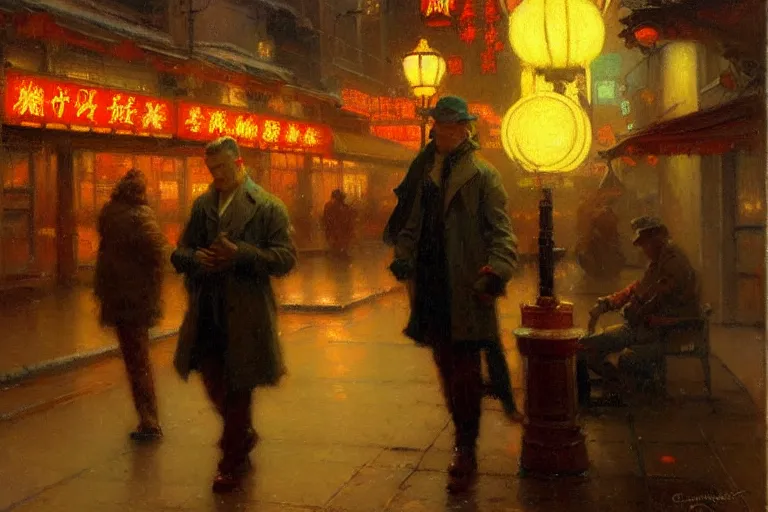Prompt: winter, attractive male, neon light, chinatown, painting by gaston bussiere, craig mullins, j. c. leyendecker