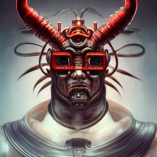 Image similar to portrait, cyberpunk japanese oni demon with horns and circuitry, augmented, stern expression, long hair, highly detailed, digital painting, artstation, concept art, smooth, sharp focus, illustration, artgerm, tomasz alen kopera, peter mohrbacher, donato giancola, joseph christian leyendecker, wlop, frank frazetta