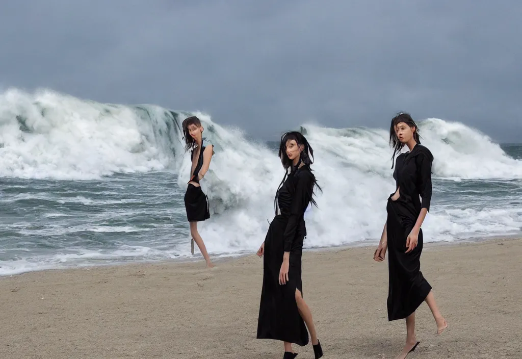 Prompt: fashion editorial in front of giant tsunami waves, on the beach.