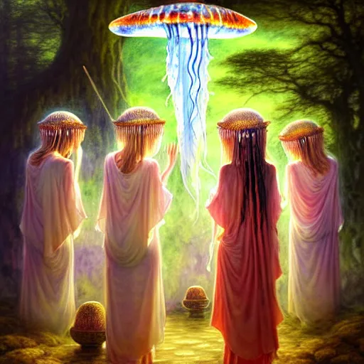 Image similar to A painting of priestesses worshipping at the jellyfish temple, shrouded in mist, jellyfish god, jellyfish priestess, jellyfish shrine maiden, 8K, illustration, art by Lilia Alvarado, Sophie Anderson, Mark Arian, Bob Byerley, Charlie Bowater, Mark Brooks, Steve Henderson, Justin Gerard, Arthur Hughes, Edward Robert Hughes, Mark Keathley, Victor Nizovtsev, Carlos Shwabe, Ross Tran, WLOP, smoke, undersea temple with fish, cinematic, insanely detailed and intricate, hypermaximalist, elegant, super detailed, award-winning, magenta and crimson and cyan, rainbow accents, iridescence, bioluminescence, mysterious, ancient, ritual, trending in cgsociety, artstation HQ, ornate, elite, haunting, matte painting, beautiful detailed, insanely intricate details, dreamy and ethereal, otherworldly