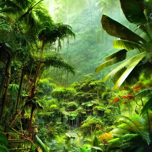 Image similar to a village in the rainforest, highly detailed, hd, beautiful, sharp focus, vine, lush plants, smoothly, artstation, by john berkey