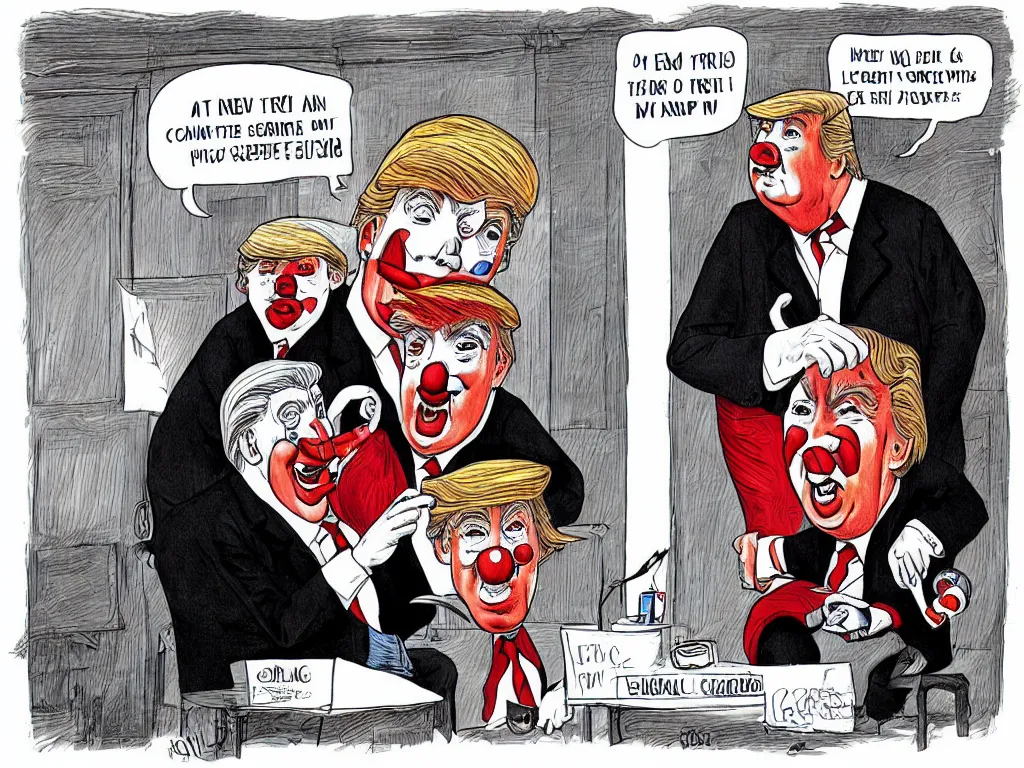 Image similar to political cartoon of trump as a clown, satire