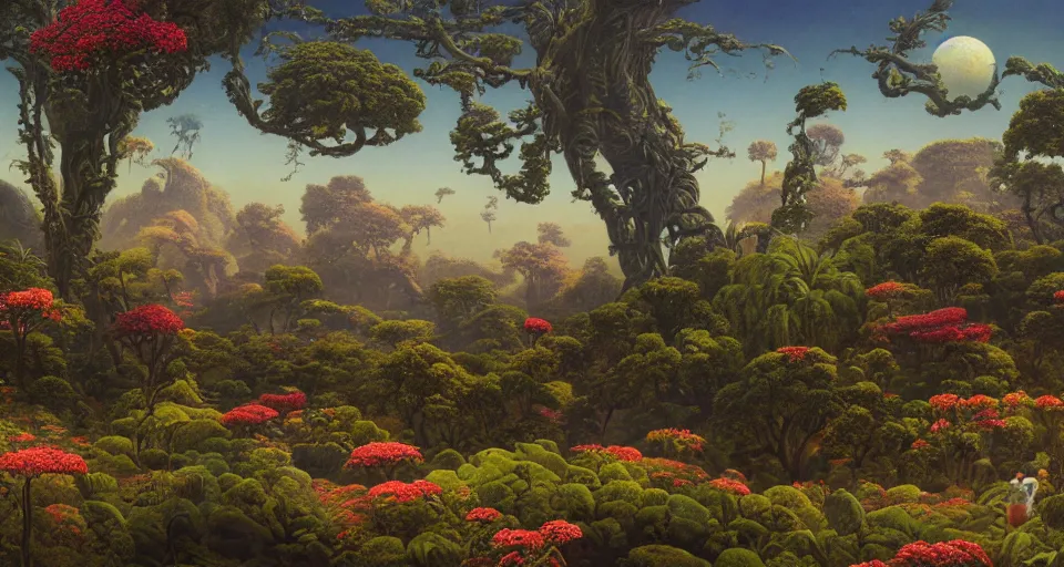 Prompt: a landscape on the moon with many craters, a beautiful flowering garden, a big strange beast, a lot of exotic vegetations and trees, intricate detaild, 8 k, in the style of martin johnson heade and roger dean
