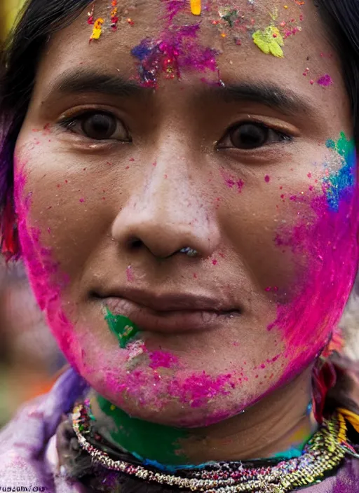 Image similar to Mid-shot portrait of a beautiful 25-year-old woman from Nepal, with smudges of paint on her face, attending Nepal Festival, candid street portrait in the style of Martin Schoeller detailed, award winning, Sony a7R