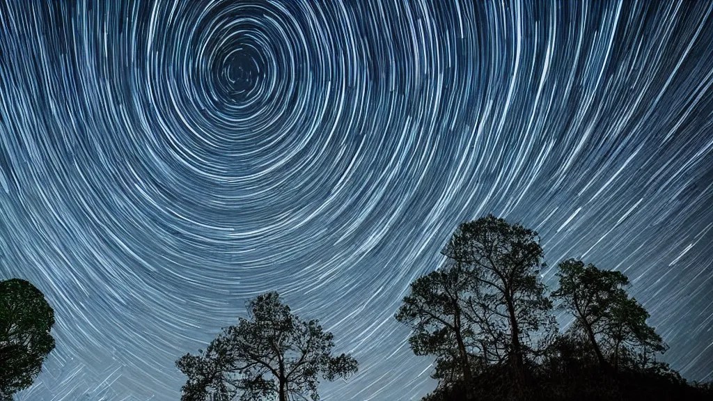 Image similar to The trunks stretch above you, awesome and cradling. The canopy gyres overhead, the intricacy of the leaf capillaries dazzle. Star trails are visible in the black sky. haunted long exposure night time photography in the style of Andreas Ghersky