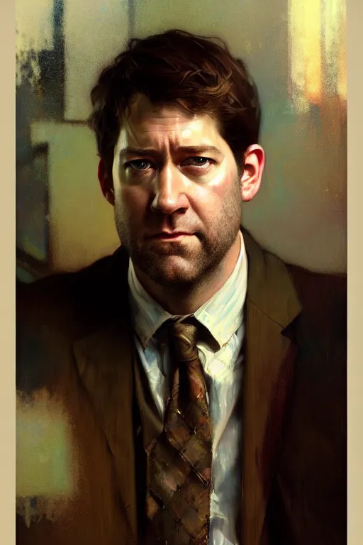 Image similar to hyperrealist portrait of jim halpert by jeremy mann and alphonse mucha, fantasy art, photo realistic, dynamic lighting, artstation, poster, volumetric lighting, very detailed faces, 4 k, award winning