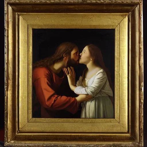 Image similar to 1 8 th oil panting of a jesus kissing with maria maddalena