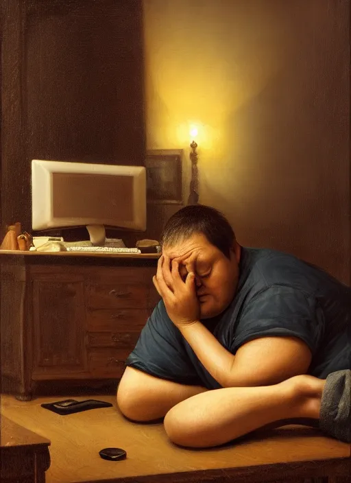 Image similar to insanely detailed chiaroscuro image of a exhausted - looking slightly fat casually - dressed programmer guy on his knees facing his glowing ultrawide computer monitor monitor begging it for forgiveness, oil on canvas, masterwork, fine detail, trending on artstation, emotive, insanely compelling, ryden, koons, moebius