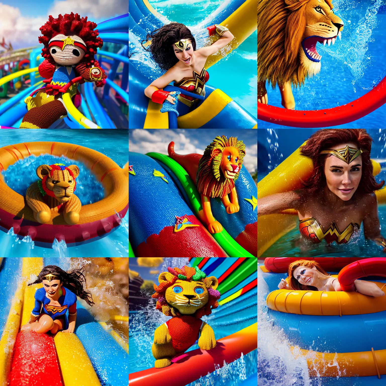 Prompt: a closeup photorealistic photograph of a colorful knitted wonder woman themed lion riding down a water slide. splashing. professional capture. bright scene. this 4 k hd image is trending on artstation, featured on behance, well - rendered, extra crisp, features intricate detail, epic composition and the style of unreal engine.