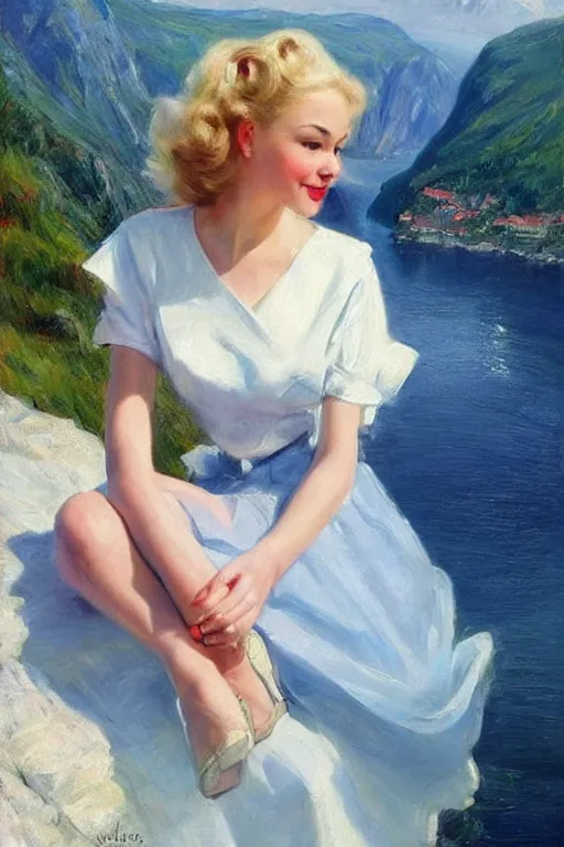 Prompt: 1950s beautiful!!! blonde looking over a Norwegian fjord, aesthetic!!! painting by Vladimir Volegov