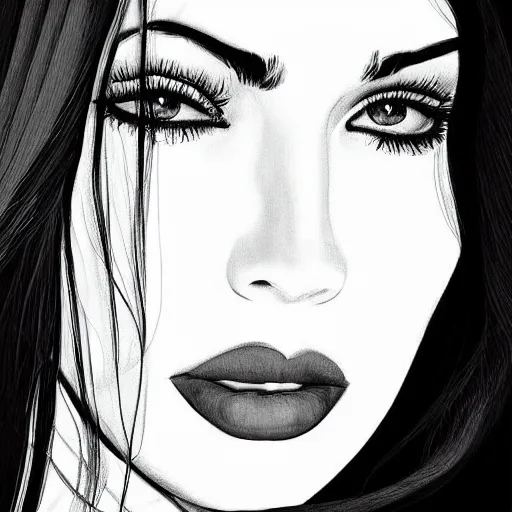 Image similar to “Megan Fox, portrait!!! Portrait based on doodles, scribbled lines, sketch by Liz Y Ahmet, monochrome, concept Art, million lines, white background, ultra detailed portrait, 4k resolution”