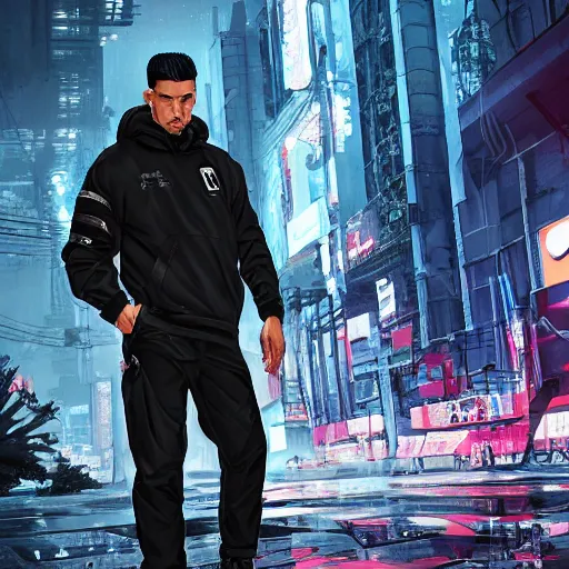 Image similar to A broad shouldered, muscular man wearing Acronym p-31 Ds pants and J1W-GTPL jacket and Nike Acronym presto sneakers, Police sirens shining in far background, trending on r/techwearclothing, high quality, digital art, dirty cyberpunk city, rain, greg rutkowski