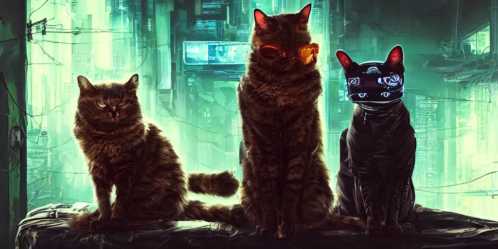 Image similar to cyberpunk cat and normal cat, brothers, fallout 5, studio lighting, deep colors, apocalyptic setting