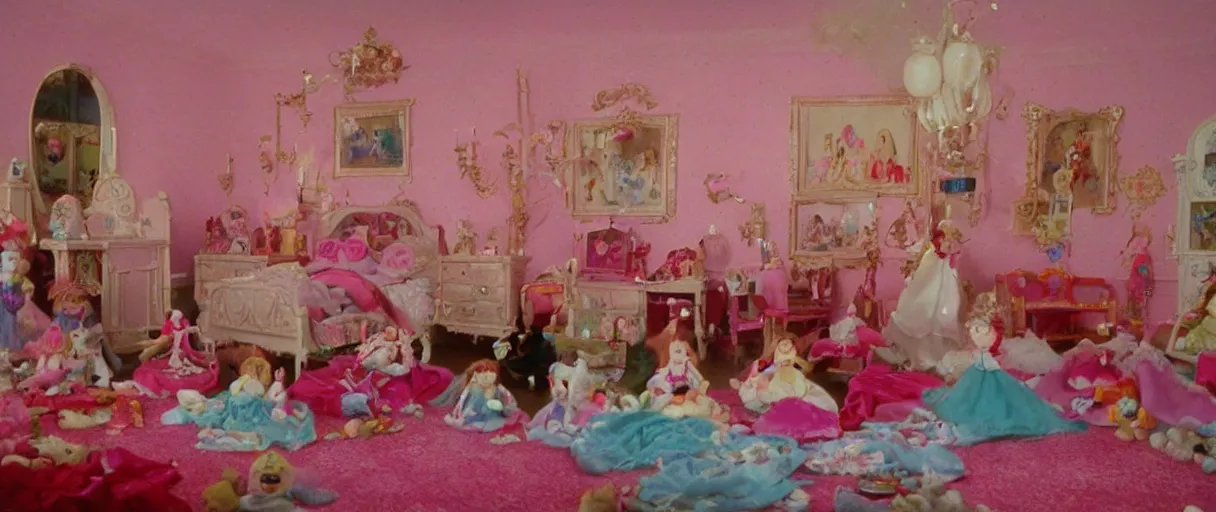 Prompt: movie still 4 k uhd 3 5 mm film color photograph of an princess room full of toys and dolls