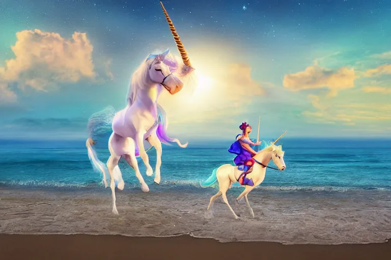 Image similar to sailormoon riding a unicorn on a beach, photograph, realistic, landscape, 4k