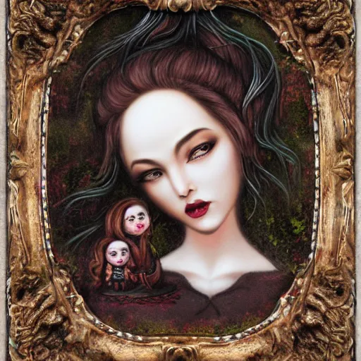 Prompt: the blacksmiths daughter, in the forge, lowbrow in the style of Mark Ryden,