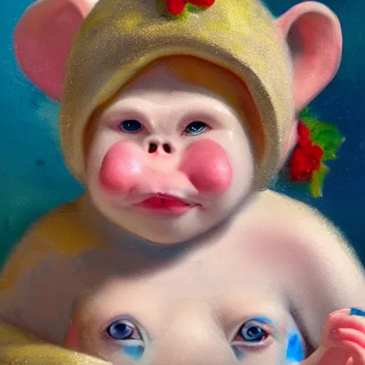 Image similar to magical scene. the sweet old very fat baby white monkey, red lips, blue eyes, is in love with her fancy beautiful colorful white fish. close up. clear face. subsurface scattering shiny skin. cinematic scene. glossy. highly detailed, color harmony, art station, ornate, caravaggio style. 3 d, beautiful lighting, old photography