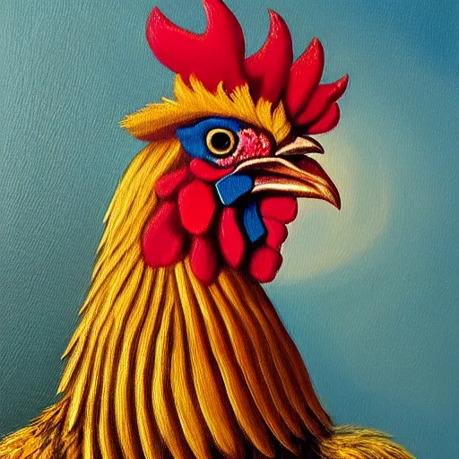 Prompt: an oil painting portrait of a punk rock rooster wearing gold necklace, intricate. detailed, by raphael, da vinci, hyper realism, 4k.