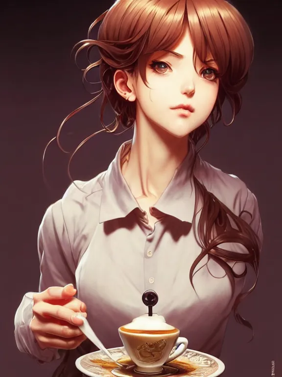 Image similar to full body picture of a bariste drip a coffee, calm and chill, beautiful and aesthetic, intricate, unreal engine, messy hair, highly detailed, detailed face, smooth, sharp focus, chiaroscuro, manga illustration, artgerm, greg rutkowski, ilya kuvshinov, rossdraws, alphonse mucha, young adult light novel cover art