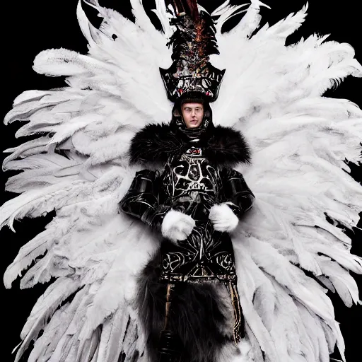 Image similar to a portrait of a beautiful young male wearing an alexander mcqueen armor made of feathers , photographed by andrew thomas huang, artistic