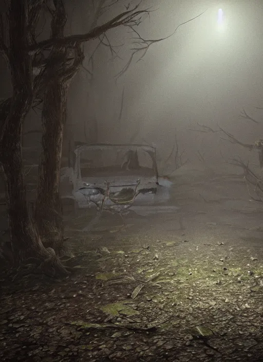 Image similar to A cinematic still of Evil Dead 2 (1987), particles, volumetric light, hyperrealistic, ultradetailed, fog, ominous, octane render, unreal engine