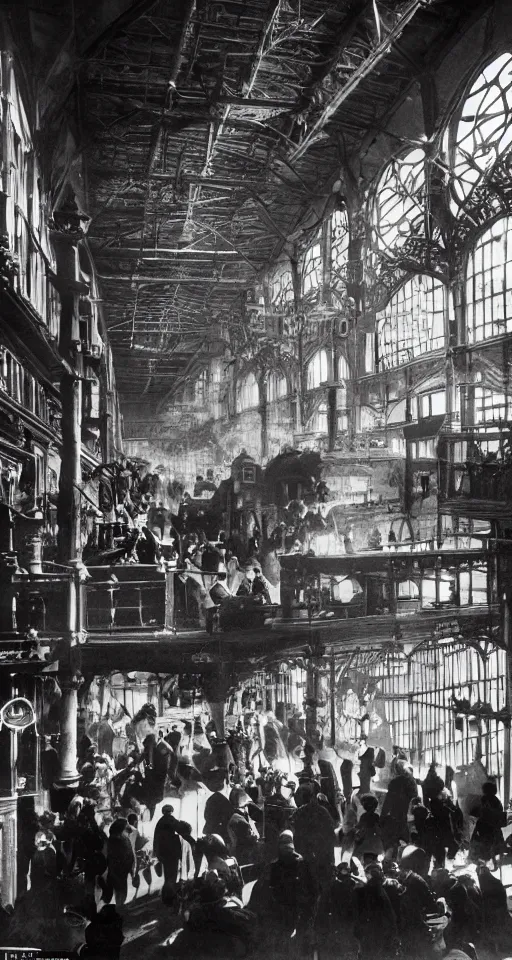 Image similar to interior of a victorian steanpunk railway station, people everywhere, luggage, wires and junk, atmospheric, dramatic architecture