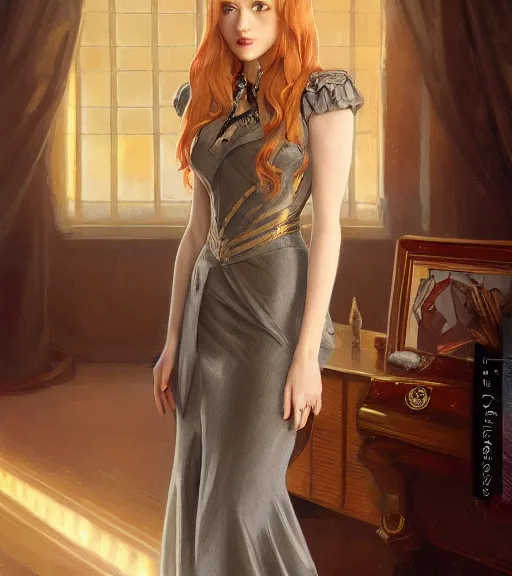 Image similar to katherine mcnamara wearing a golden dress, grey hair, red necktie, cinematic, stunning, highly detailed, digital painting, artstation, smooth, hard focus, full body shot, illustration, art by artgerm and greg rutkowski and alphonse mucha