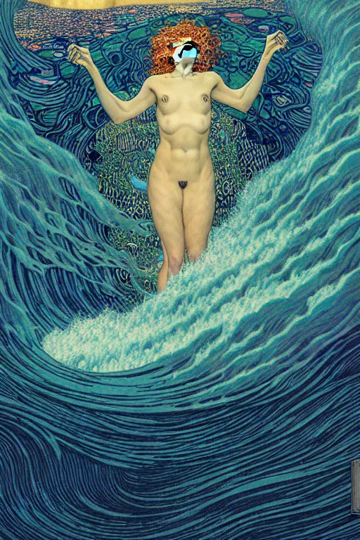 Prompt: a sea witch summoning a giant wave by dan mumford and gustav klimt and john harris and jean delville and victo ngai, highly detailed, photorealism, hyperrealistic, art deco, art nouveau