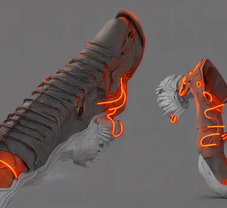 Prompt: realistic 8 k sculpture of 1 futuristic sneaker with neon illuminated rubber soles and soft orange laces on a grey surface, clean 3 d render, beautiful studio lighting, soft, sharp focus, cyberpunk, intricate detail, gold and red accents, soft rubber, octane render, trending on artstation, deviantart, art by wright and syd mead and mullins