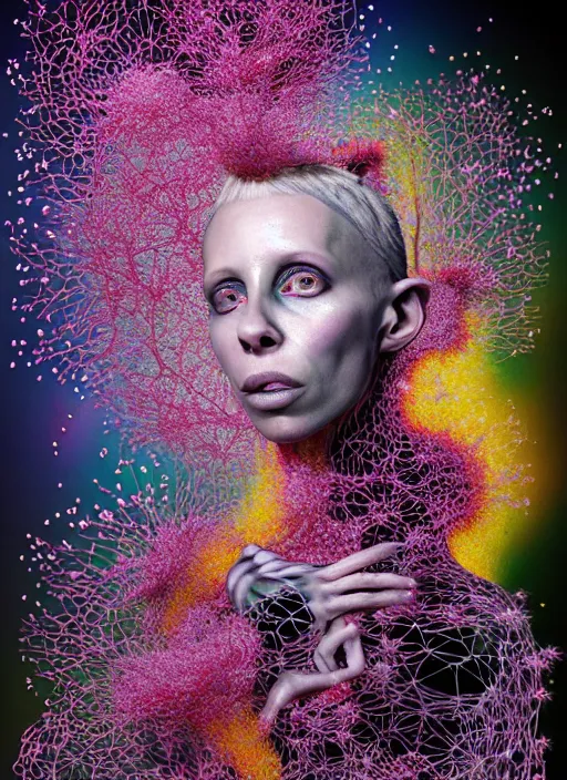 Image similar to hyper detailed 3d render like a Oil painting - Yolandi Visser seen Eating of the Strangling network of yellowcake aerochrome and milky Fruit and Her delicate Hands hold of gossamer polyp blossoms bring iridescent fungal flowers whose spores black the foolish stars by Jacek Yerka, Mariusz Lewandowski, Houdini algorithmic generative render, Abstract brush strokes, Masterpiece, Edward Hopper and James Gilleard, Zdzislaw Beksinski, Mark Ryden, Wolfgang Lettl, hints of Yayoi Kasuma, octane render, 8k