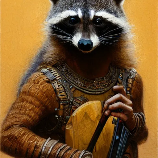 Prompt: humanoid racoon bard wearing tunic holding instrument, d & d, closeup portrait, art by donato giancola and greg rutkowski, vintage retro, realistic face, digital art, trending on artstation, symmetry!!