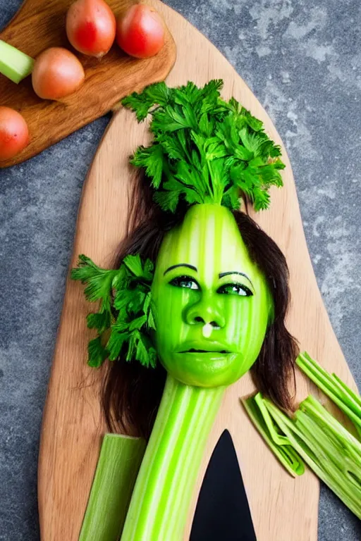 Image similar to selena gomez made out of celery, a human face with celery for hair, celery in the shape of a human face, a bunch of celery sitting on a cutting board, professional food photography