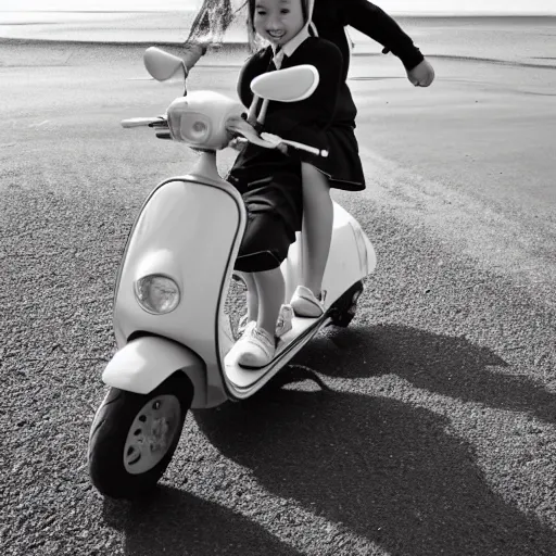 Image similar to very detailed stockphoto of two! little girls wearing a grey school uniform riding a scooter along the beach road