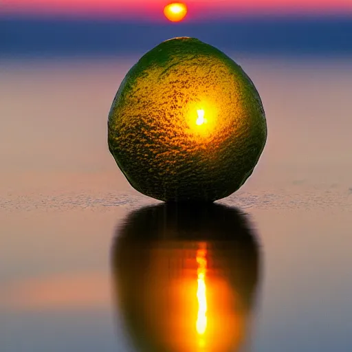 Prompt: 5 0 0 0 mm lens photo of a lime floating in a distant lake, sunset