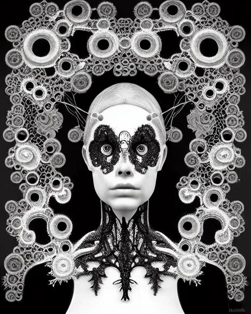 Image similar to surreal black and white photo portrait of complex bio-mechanical beautiful young female vegetal-cyborg with a Mandelbrot fractal steampunk metal fine lace face, a very long neck and a fine metal floral foliage super big lace collar by Alexander McQueen:: high fashion, haute couture, rococo, steampunk, silver filigree details, anatomical, facial muscles, cable wires, microchip, elegant, dreamy, foggy, hyper realistic, 150 mm lens, soft rim light, octane render, unreal engine, picture was taken in 1910 by Man Ray, volumetric lighting, dramatic light,8k,