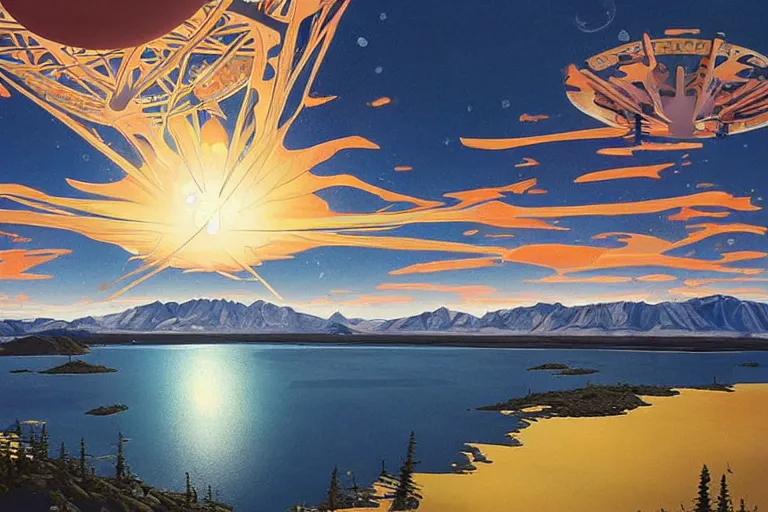 Prompt: a giant ((((metallic)))) floating sphere covered in canadian colorful aboriginal patterns!! hovering above a Yukon lake, (painted by Ralph McQuarrie), matte painting, very detailed, (((((dramatic perspective))))), concept art