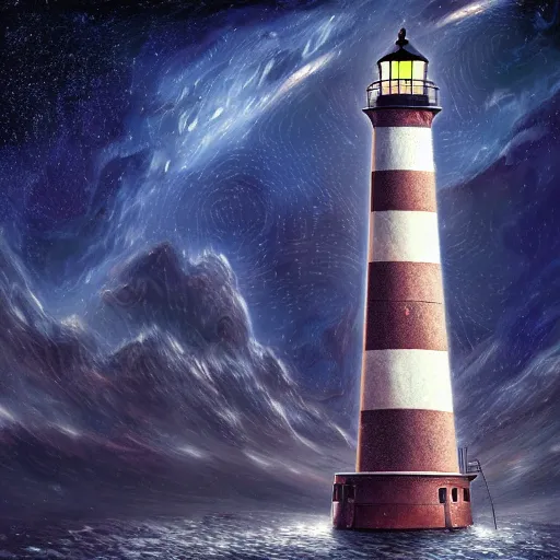 Image similar to the lighthouse in the middle of the galaxy , wide angle shot, diffuse lighting, fantasy, intricate, elegant, highly detailed, lifelike, photorealistic, digital painting, illustration, concept art, smooth, sharp focus, A24!film cinematography