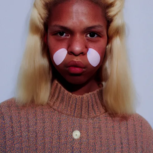 Image similar to realistic photoshooting for a new comme des garcons lookbook, color film photography, close up, photo of a blonde woman, photo in style of tyler mitchell, 3 5 mm,