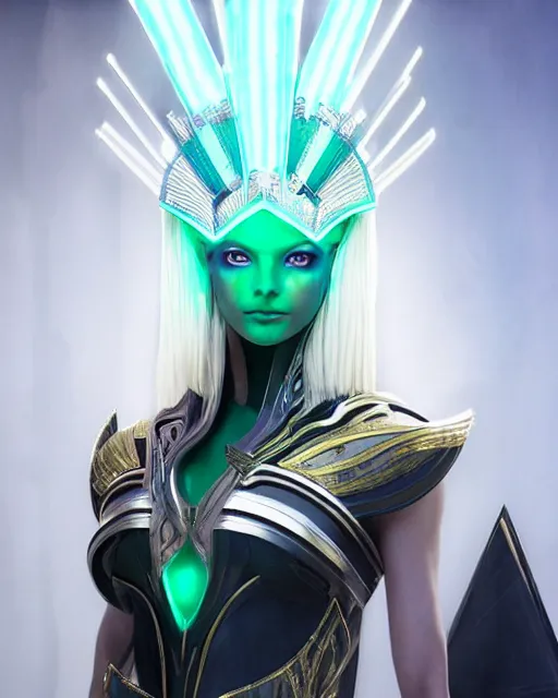 Image similar to perfect white haired attractive egyptian goddess, warframe armor, pharaoh headdress, beautiful, symmetric, dreamy, half asian, pretty face, green eyes, charlize theron, detailed, scifi platform, laboratory, experiment, 4 k, ultra realistic, epic lighting, android body, illuminated, cinematic, masterpiece, art by akihito tsukushi, voidstar