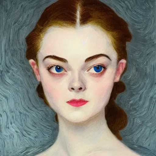 Image similar to professional painting of Elle Fanning in the style of Fernand Toussaint, head and shoulders portrait, symmetrical facial features, smooth, sharp focus, illustration, intricate, stormy weather, extremely detailed masterpiece,