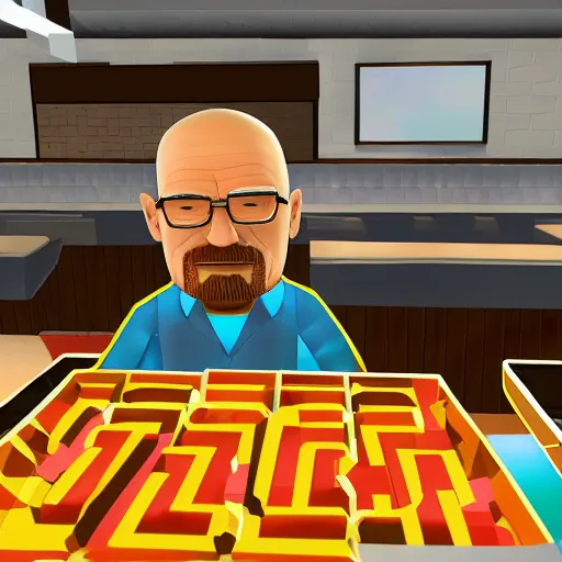 Prompt: walter white in roblox game work at a pizza place