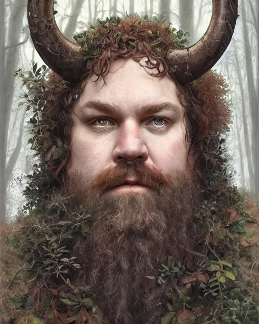 Image similar to patrick rothfuss as forest druid with ram horns and leaves in his beard | highly detailed | very intricate | symmetrical | cinematic lighting | award - winning | closeup portrait | painted by donato giancola and mandy jurgens and charlie bowater | featured on artstation