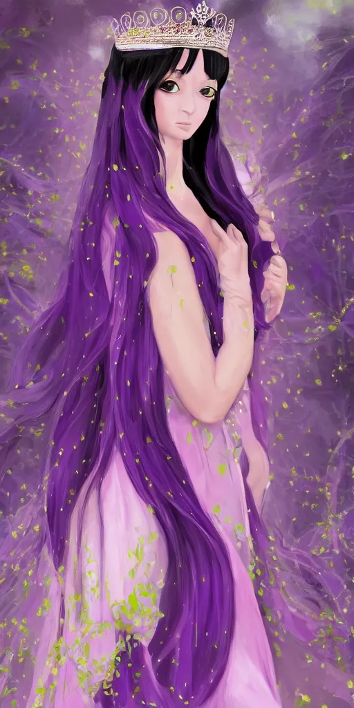 Image similar to Oil painting of a princess wearing a lavanda color dress, and a tiara with emeralds, long and straight black hair, digital art, 4k, anime style