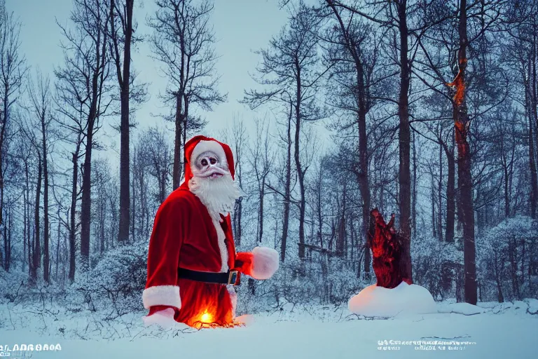 Prompt: scary santa clause demon in a swedish forest in the winter, very low angle photograph, very detailed, trending on artstation, realistic, soft colors, simon stålenhag, horror