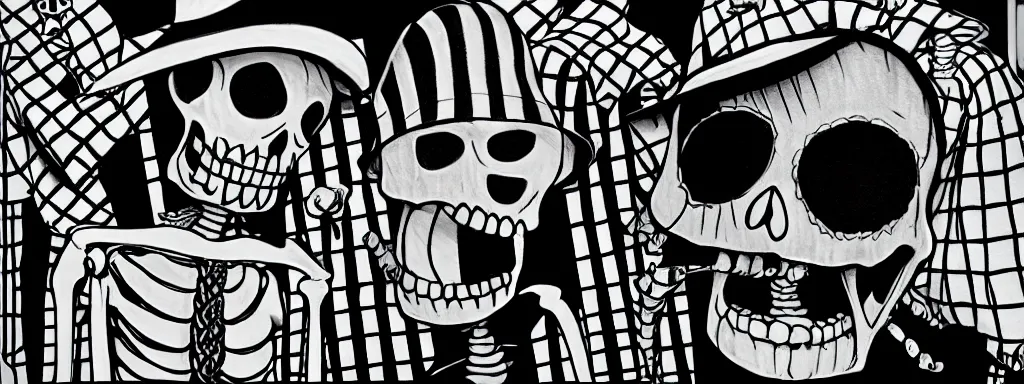 Prompt: ska skeleton and girlfriend, 8 0 s checkerboard 6 6 6, digital art, chalk, ultra detailed by tara mcpherson and gary houston, 5 0 mm