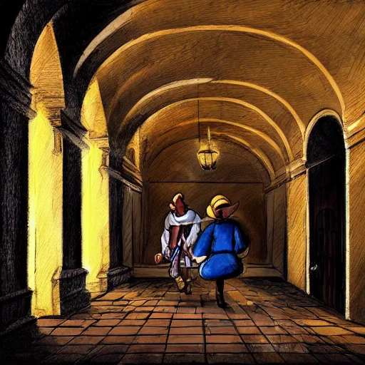 Prompt: adventurers caught in a trap, brick hallway, arched ceiling, chiaroscuro, full color, high detail, digital illustration