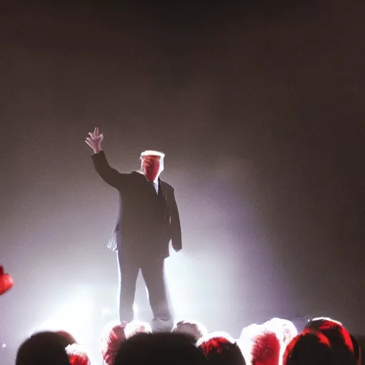 Image similar to a photo of donald trump on stage as the lead singer in a norwegian black metal band, small stage, large crowd, volumetric lighting, hyper realistic, ultra detailed, 2 8 mm lens