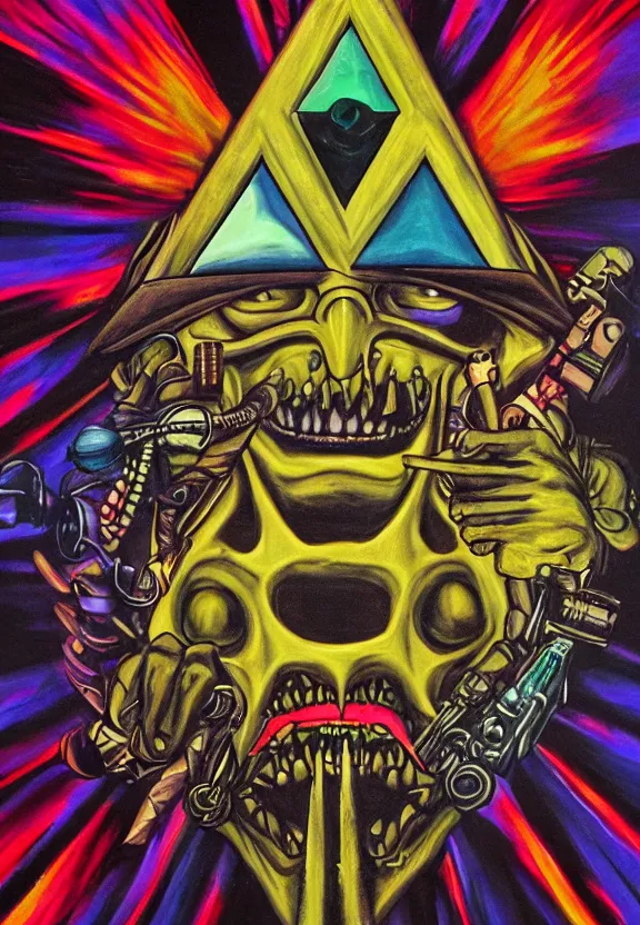 Image similar to simplicity, subgenius, x - day, weird stuff, occult stuff, knives, colorful the predator, illuminati, gem tones, hyperrealism, stage lighting