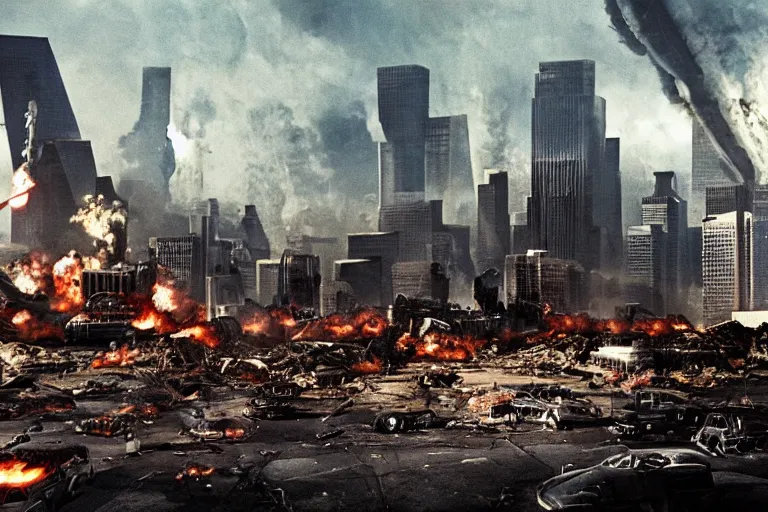 Image similar to An apocalyptic scene of Los Angeles destroyed after the alien invasion, 70mm Imax, Cinematic, Film Still, Directed by Michael bay