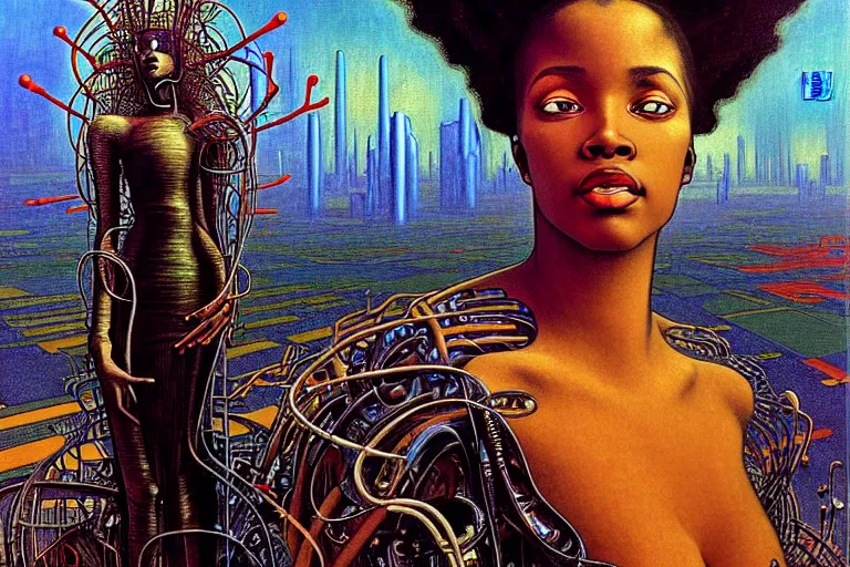 Image similar to realistic extremely detailed closeup portrait painting of a beautiful black woman in a dress with supercomputer robot, dystopian city on background by Jean Delville, Amano, Yves Tanguy, Ilya Repin, Alphonse Mucha, Ernst Haeckel, Edward Hopper, Edward Robert Hughes, Roger Dean, heavy metal, rich moody colours